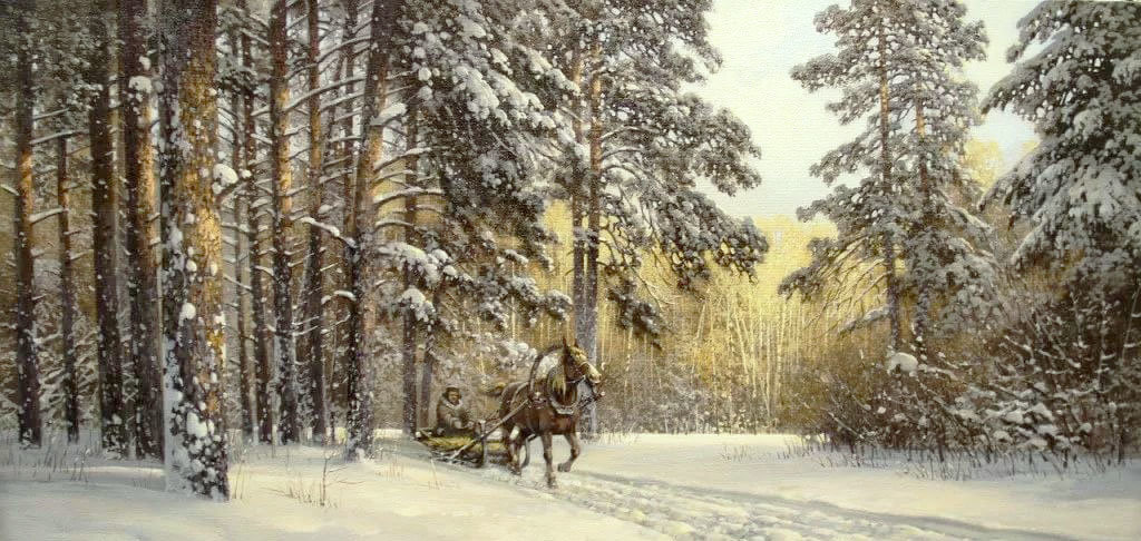 Худ. Колпашников. - лес, пейзаж зима, сани природа - оригинал