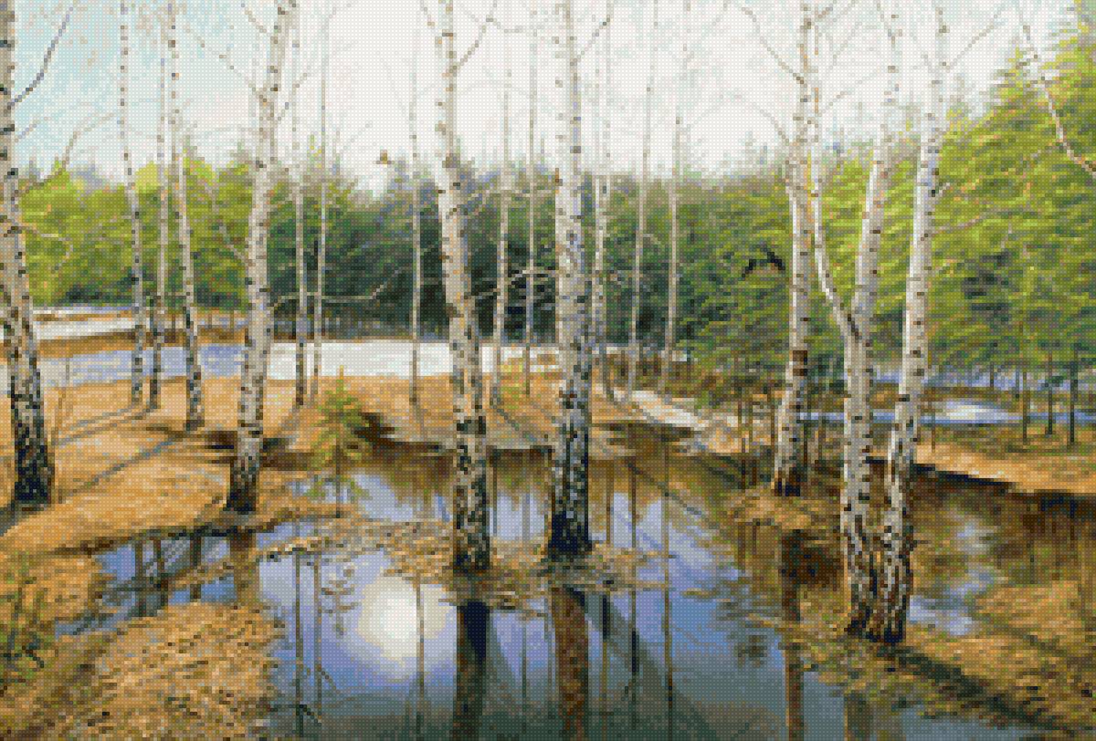 Худ.Куликов В.В. Березы и мартовское солнце. - вода, весна, березы, лес, пейзаж - предпросмотр