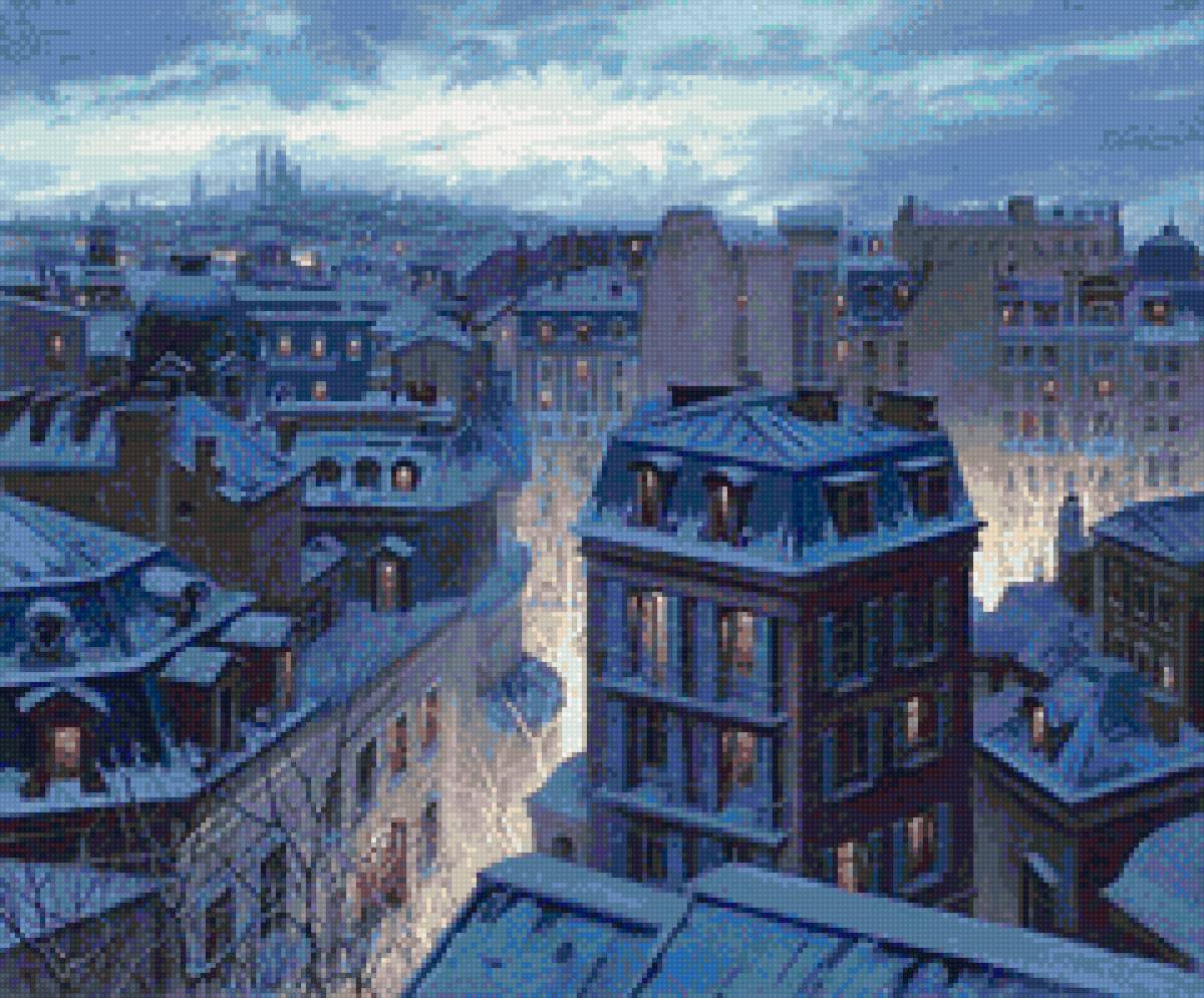 Худ. Лушпин Евгений - город, зима, дома, крыши - предпросмотр