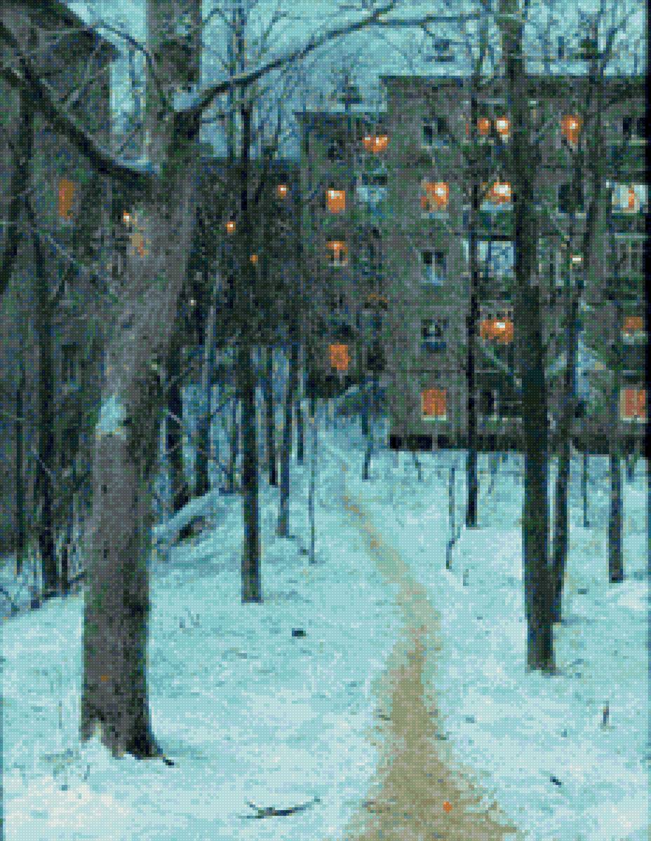 Худ. Лушпин Евгений Сумерки. - дома, вечер, поселок, город, зима, снег - предпросмотр