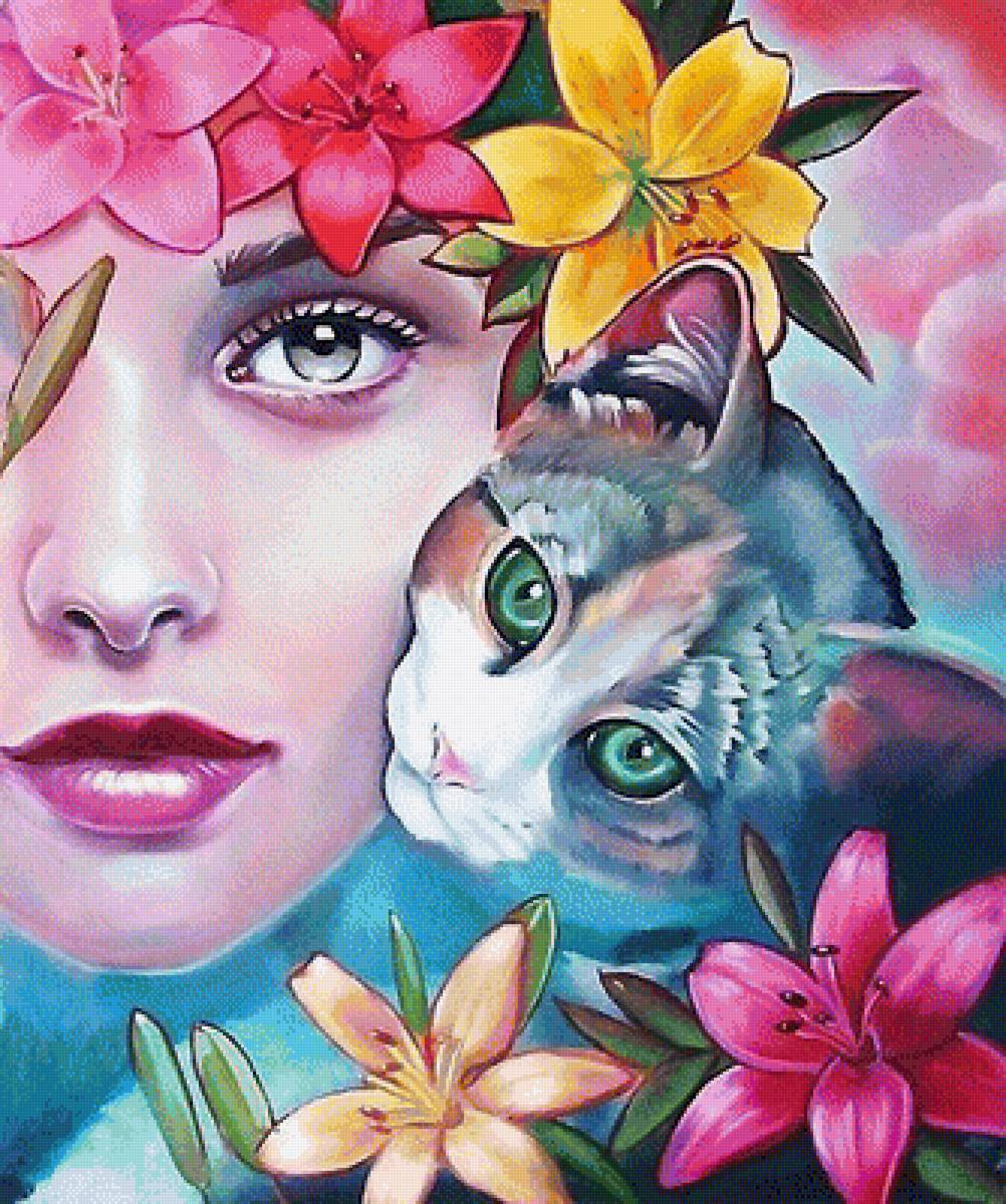 ROSTRO GATO FLORES - 334 x 400 cruces - предпросмотр