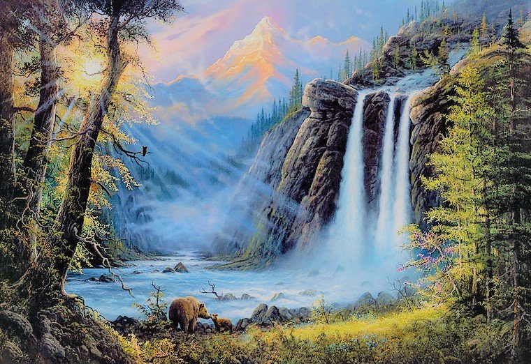 У водопада - мишки, живопись, природа, лето, картина, водопад - оригинал