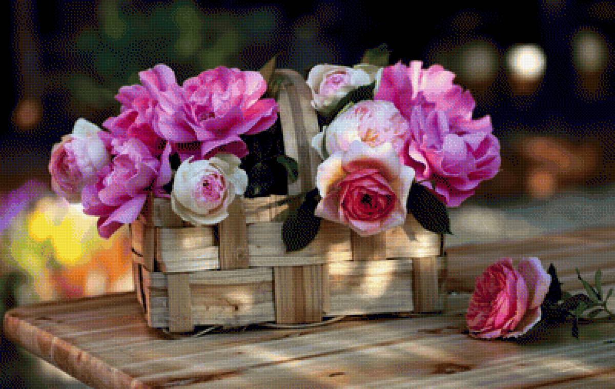 Цветы в корзине - натюрморт, флора, корзина, романтика, розы, цветы - предпросмотр