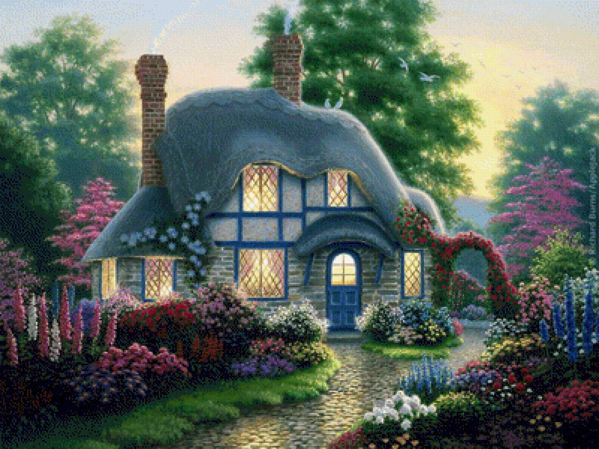 Домик - природа, деревья, пейзаж, домик, цветы - предпросмотр