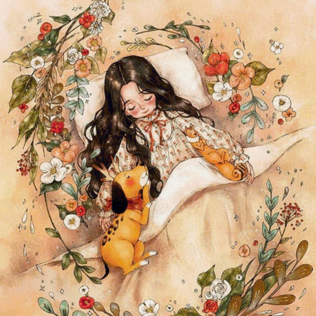 Сон - белка, собака, постель, сон, девочка, цветы - предпросмотр