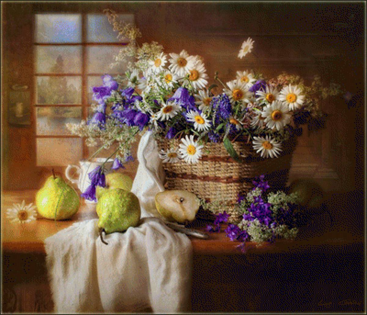 Натюрморт - живопись, груши, фрукты, ромашки, цветы, натюрморт, корзина - предпросмотр