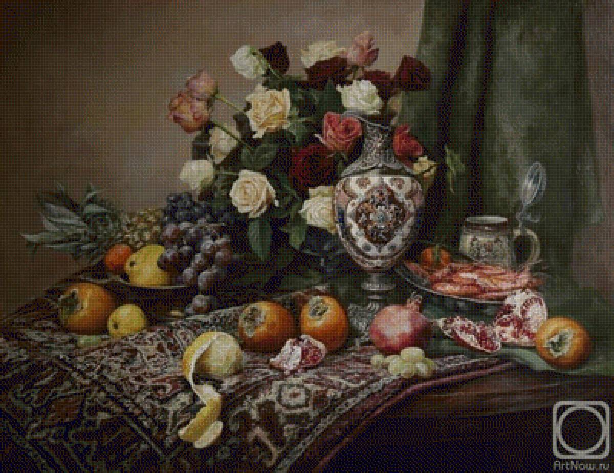 Натюрморт - натюрморт, хурма, виноград, цветы, гранат, розы, фрукты - предпросмотр