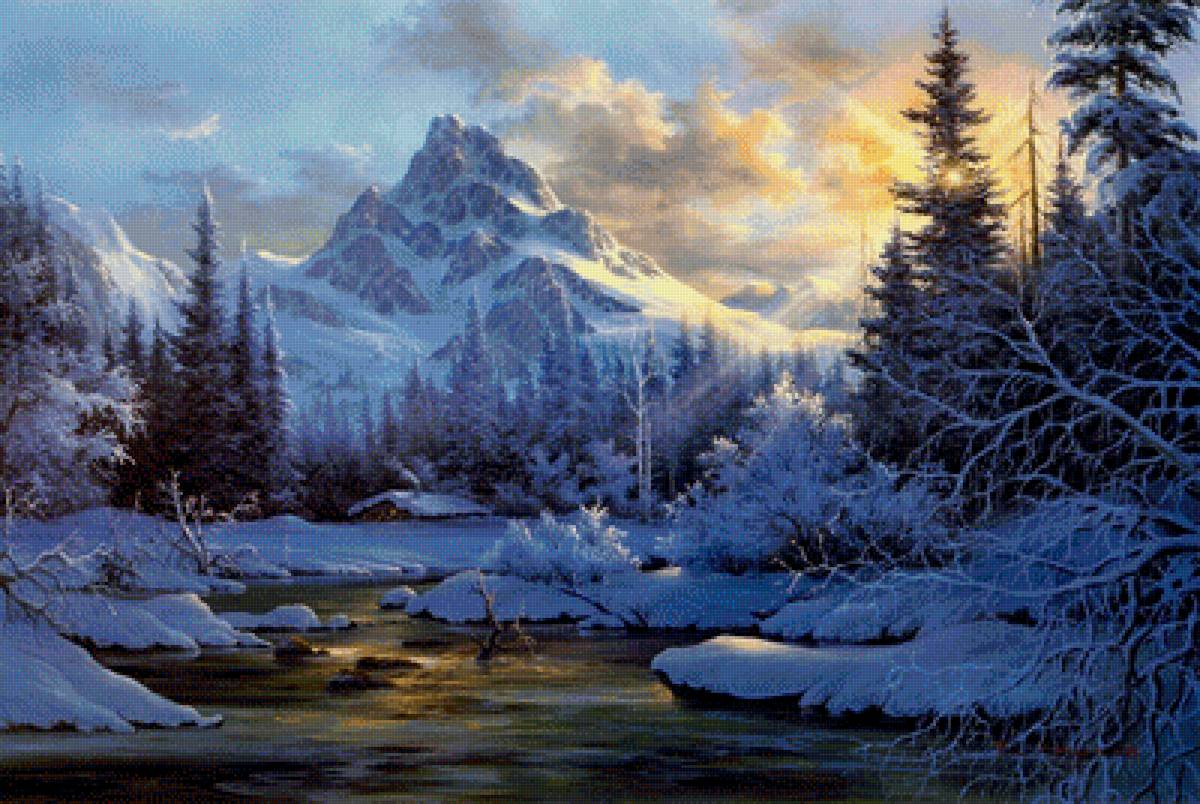 зимний пейзаж в горах - горный ручей солнце, зимний пейзаж - предпросмотр