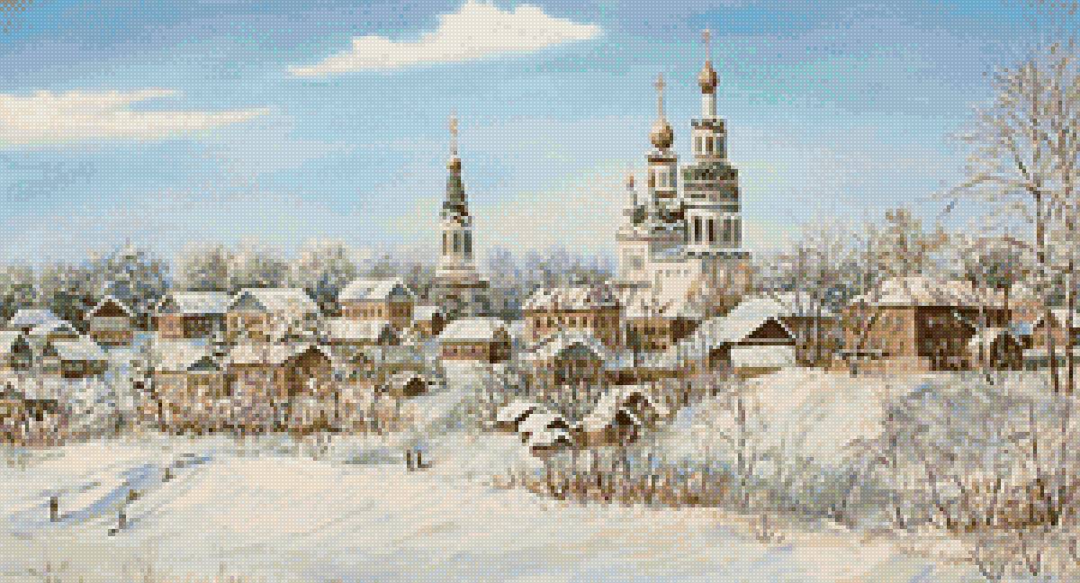 худ.Лысов Ю.А. - снег, пейзаж зима, деревня, природа, цегковь - предпросмотр