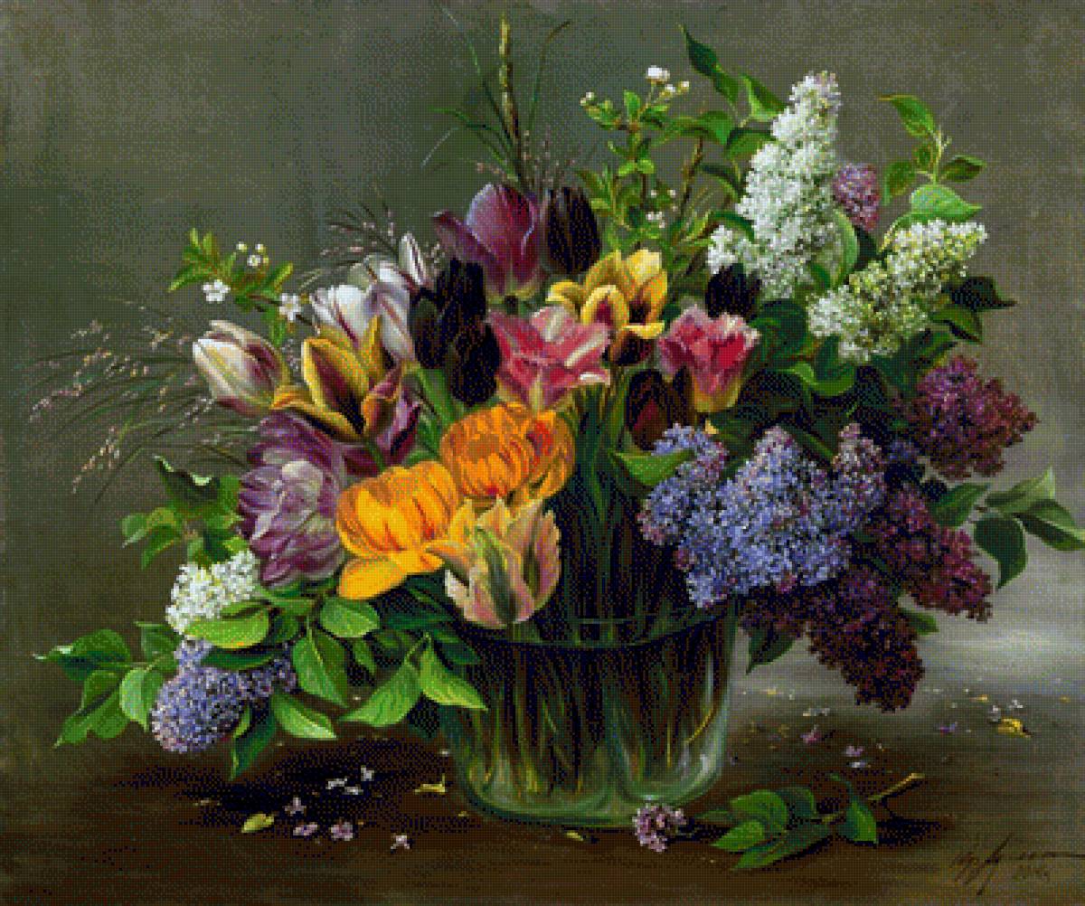 Натюрморт - сирень, тюльпаны, цветы, живопись, букет, натюрморт - предпросмотр