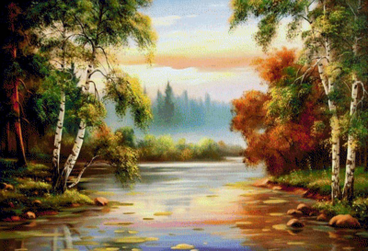 Пейзаж - вода, деревья, лес, природа, живопись, пейзаж - предпросмотр