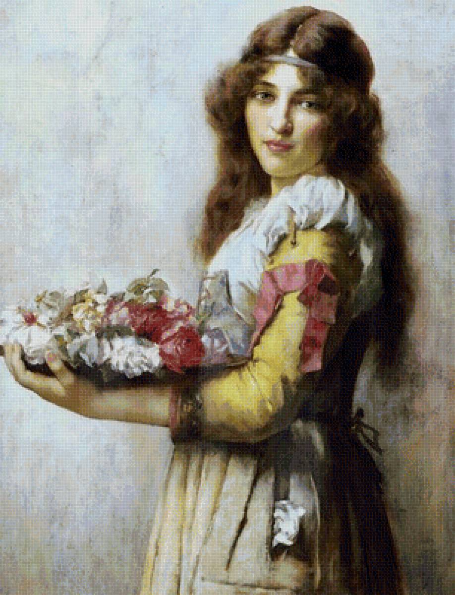 девушка с букетом - цветы, картина, портрет, девушка - предпросмотр