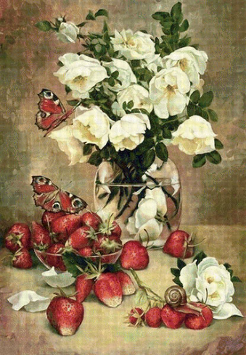 серия цветы: белые розы и клубника - картина, розы, клубника, цветы, букет - предпросмотр