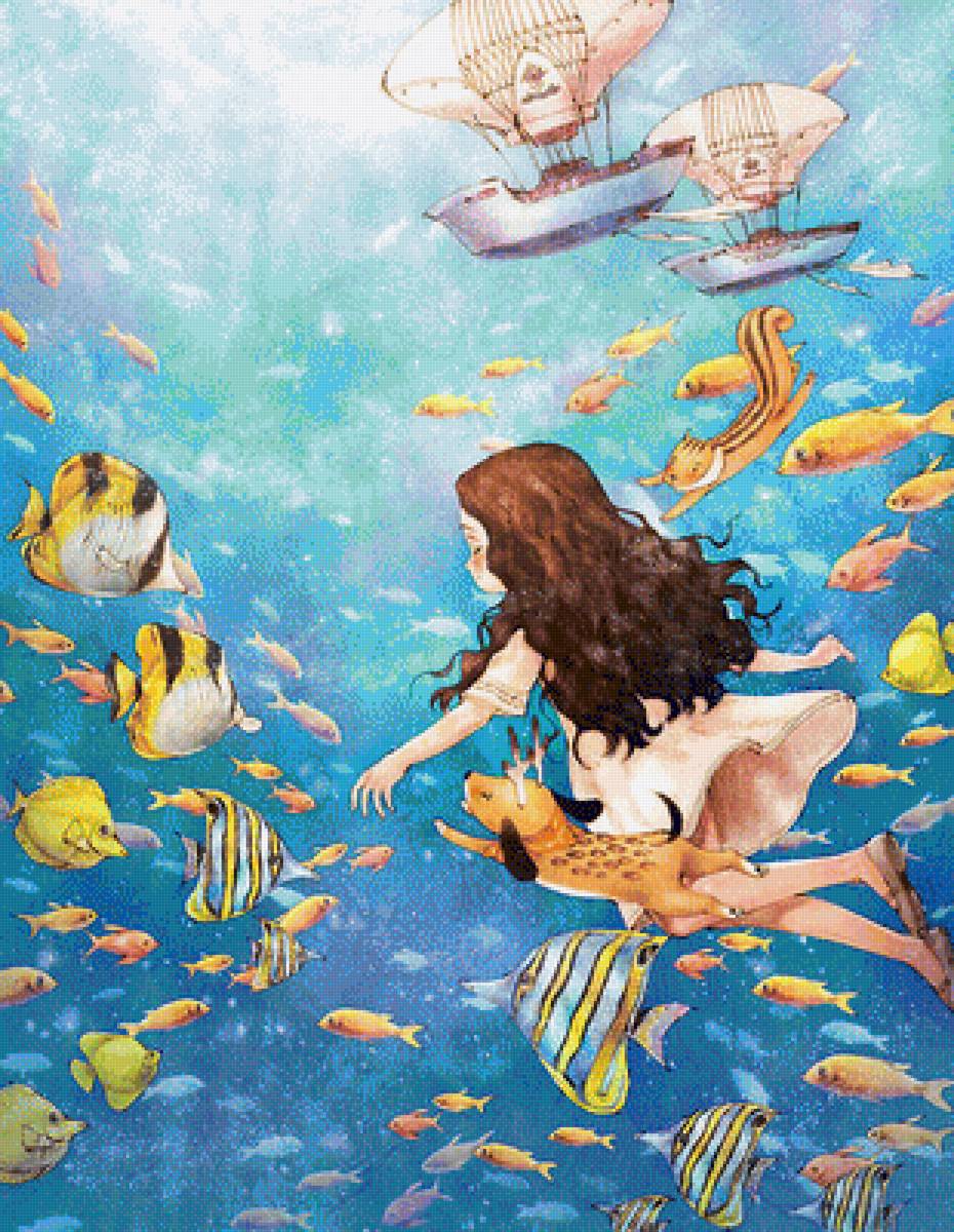Девочка - детство, детское, рыбы, девочка, вода, иллюстрация - предпросмотр