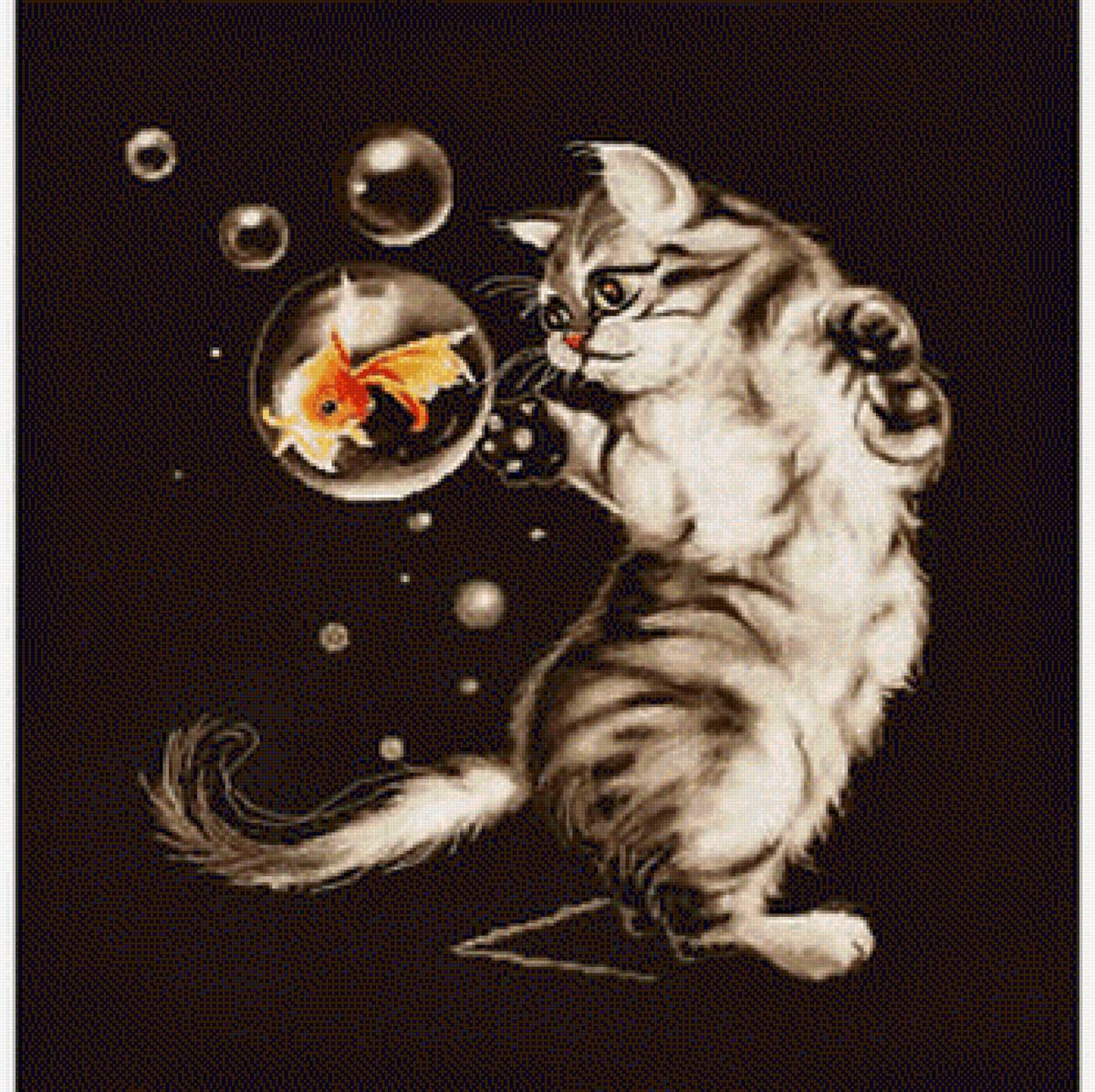 Gatto con bolle - gatto, pesce, bolle - предпросмотр