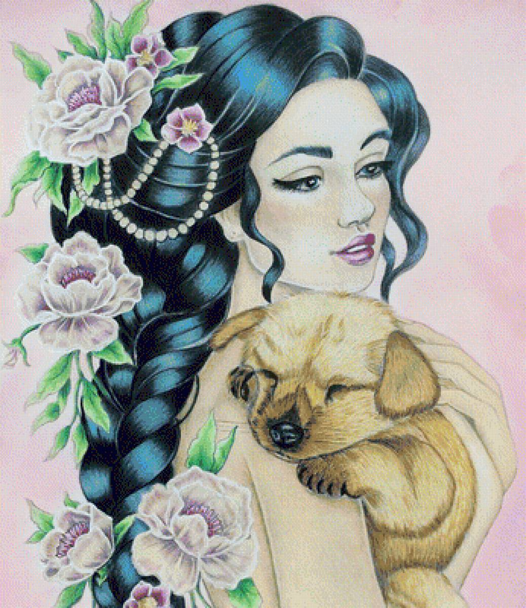 Девушка - девушка, портрет, art, цветы, щенок - предпросмотр