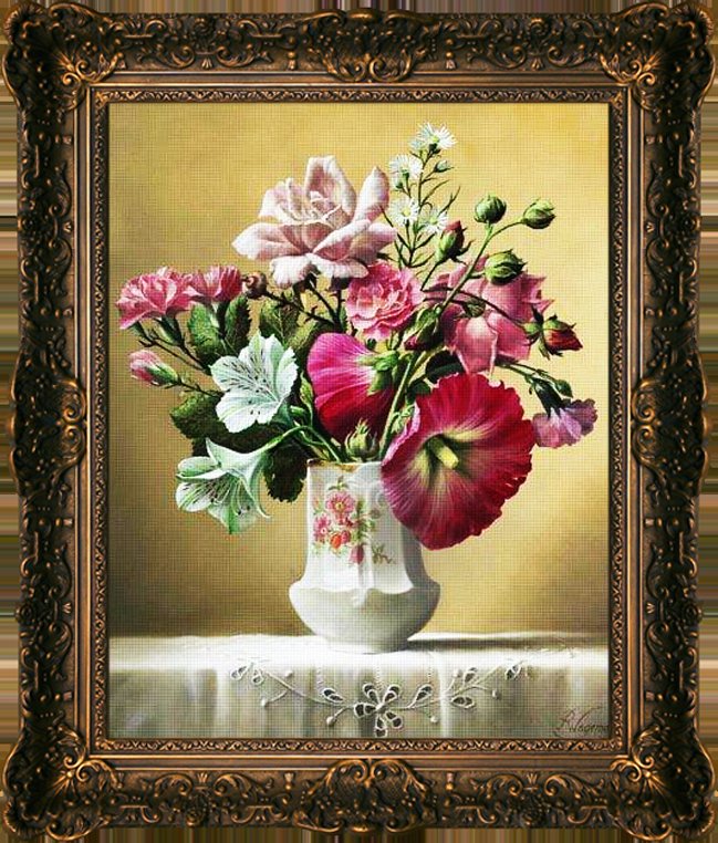 Розы и мальва - мальва, розы, цветы, натюрморт - оригинал