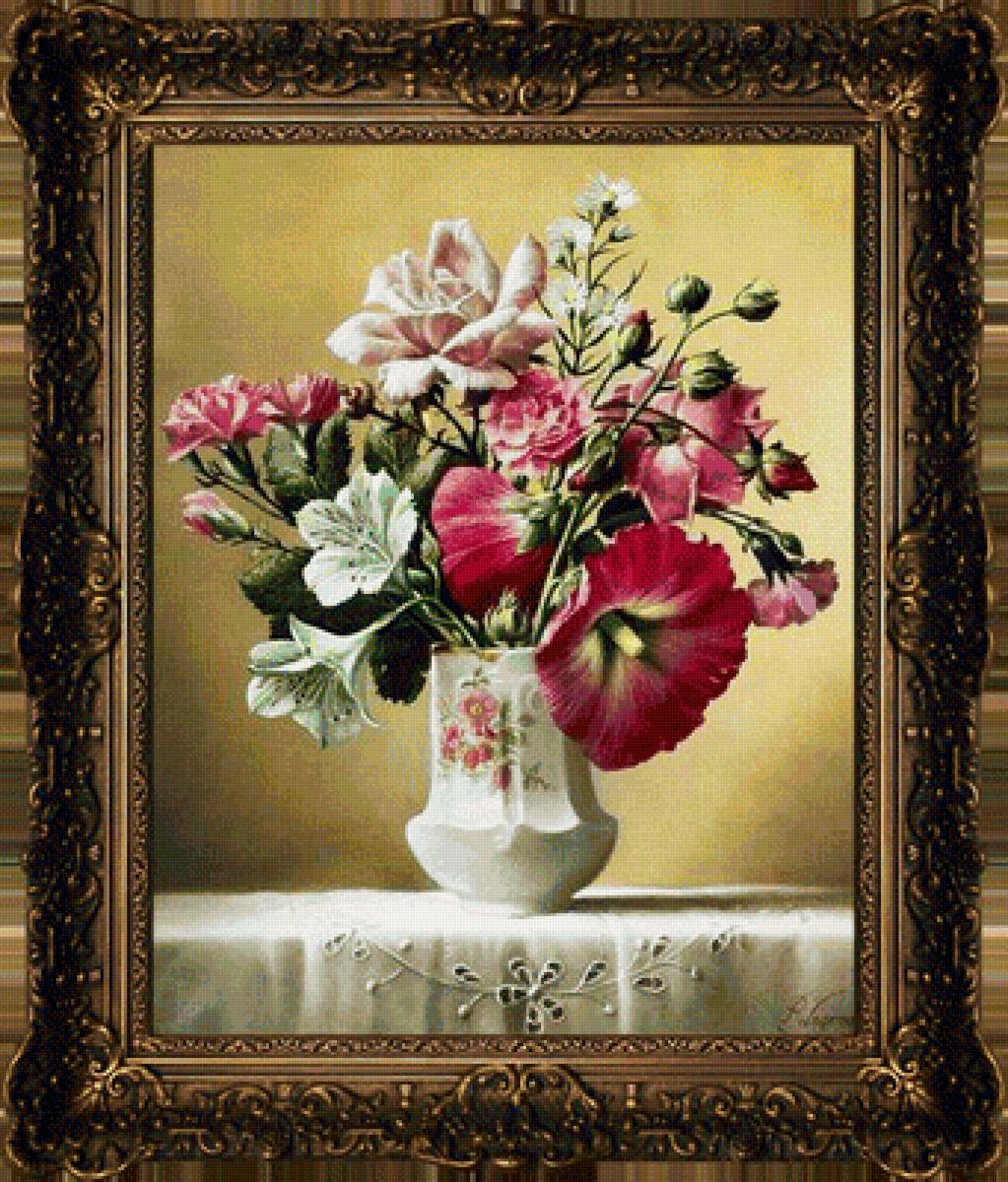 Розы и мальва - розы, мальва, натюрморт, цветы - предпросмотр