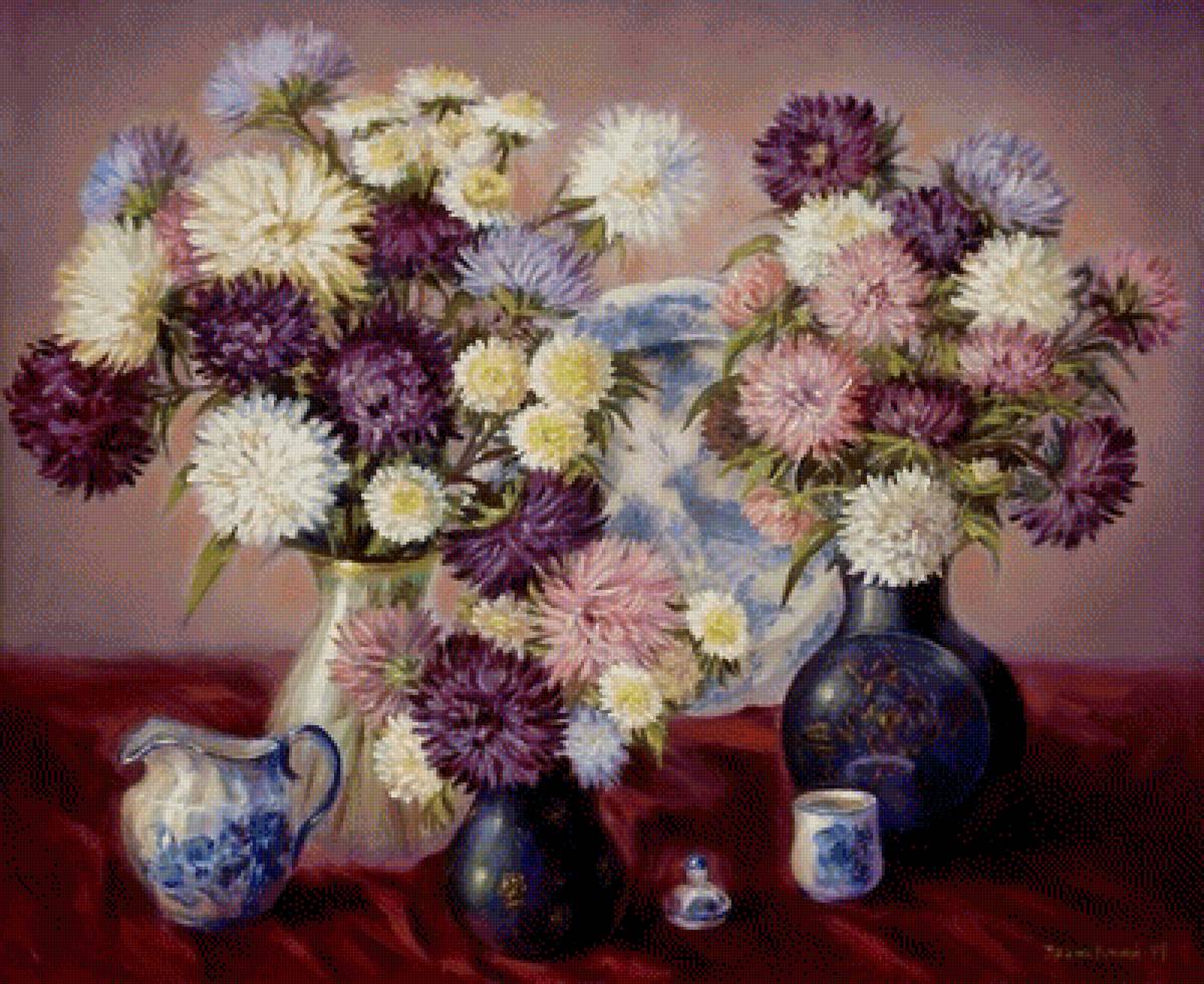 Астры - букет, ваза, астры, стол - предпросмотр