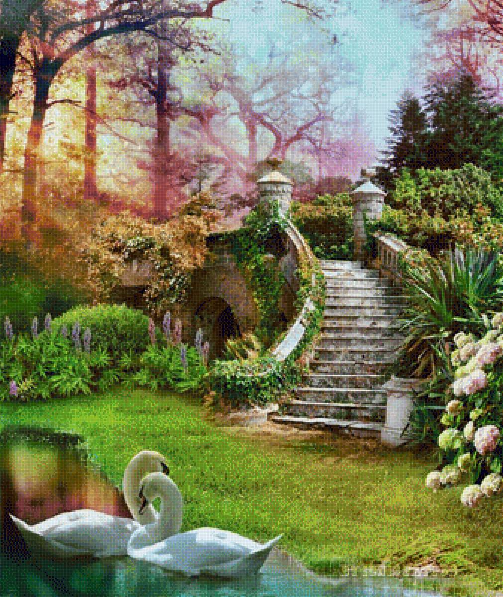 Природа - природа, лебеди, пруд, парк, вода, цветы, деревья - предпросмотр