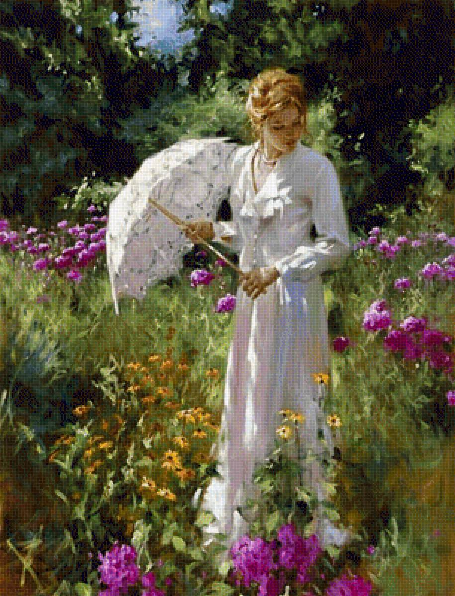 Девушка - природа, девушка, цветы, лето, зонтик, сад - предпросмотр