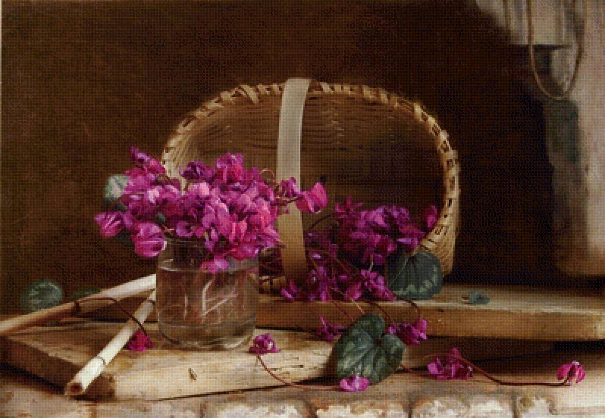 Любимые фиалки - фиалки, корзина, стол - предпросмотр