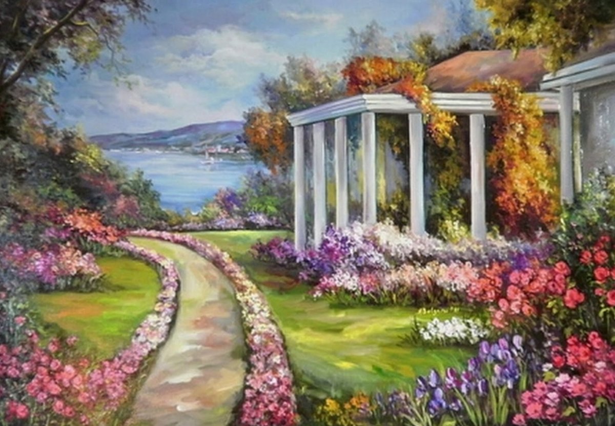 Пейзаж - цветы, море, пейзаж, живопись, природа, деревья - оригинал