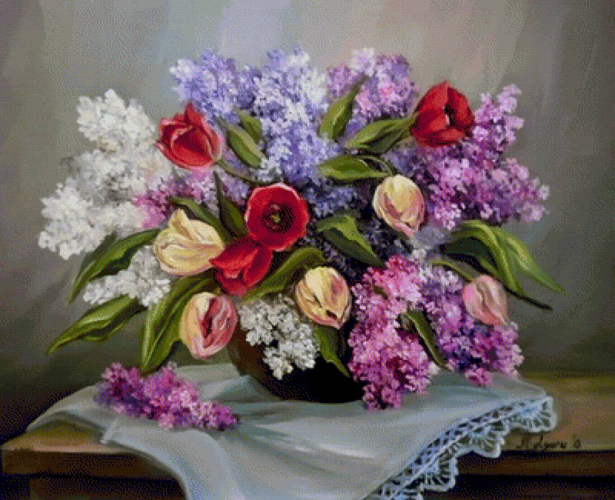 Натюрморт - натюрморт, цветы, тюльпаны, сирень, живопись, букет - предпросмотр