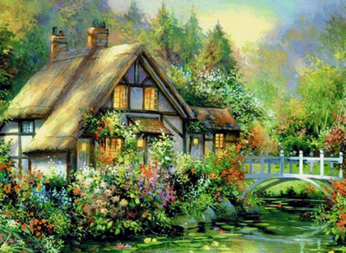 Домик - цветы, вода, мост, пейзаж, природа, домик - предпросмотр