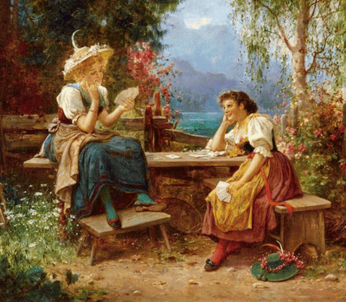 Час досуга - девушки, стол, игра в карты - предпросмотр