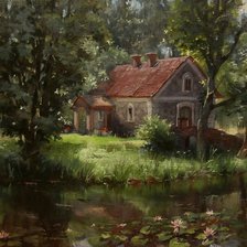 Схема вышивки «Домик с прудом.»