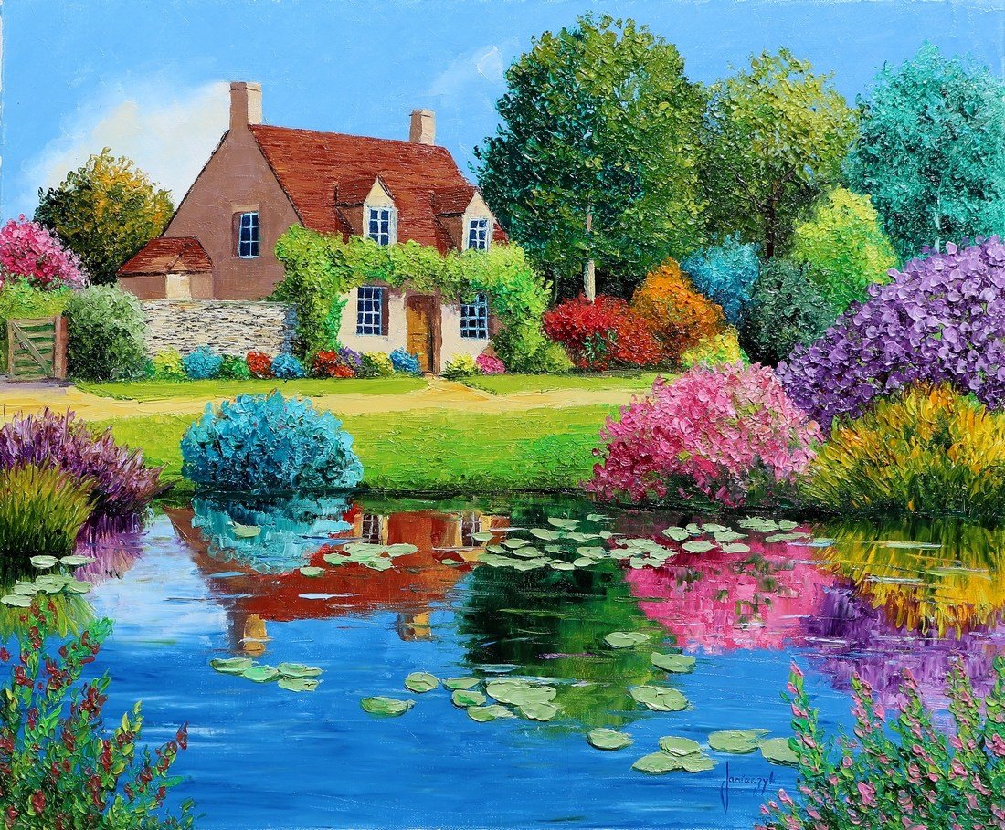 Дом у пруда - пруд, природа, пейзаж, домик, деревья, дом, вода - оригинал