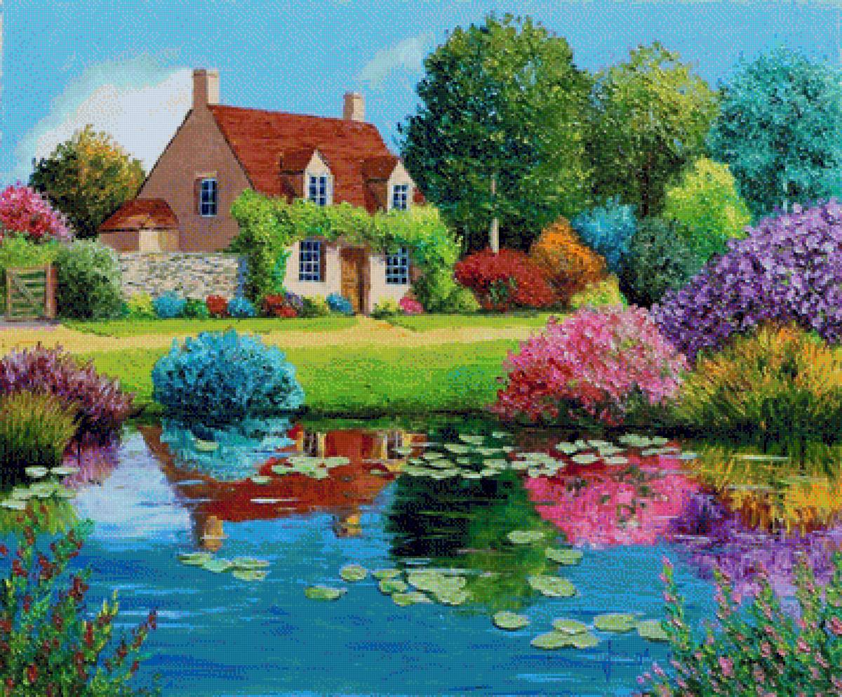 Дом у пруда - пруд, вода, дом, деревья, домик, пейзаж, природа - предпросмотр