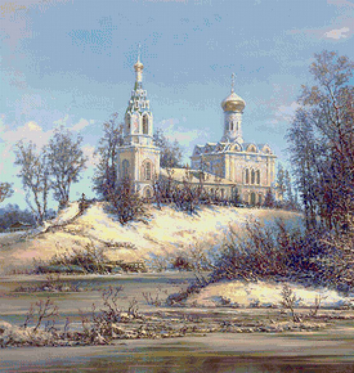 Худ. Панин Церковь - пейзаж весна, церковь, река, снег - предпросмотр