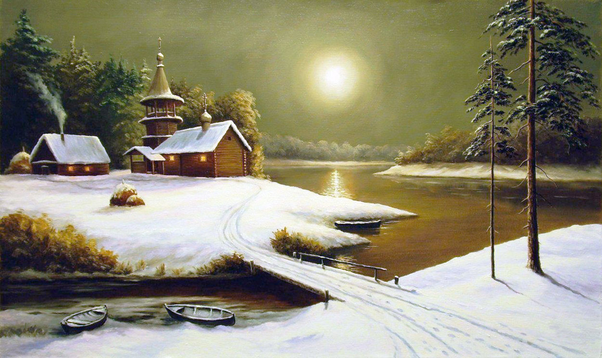 Худ. Олег Самбуров. - деревня, пейзаж зима, река, ночь - оригинал