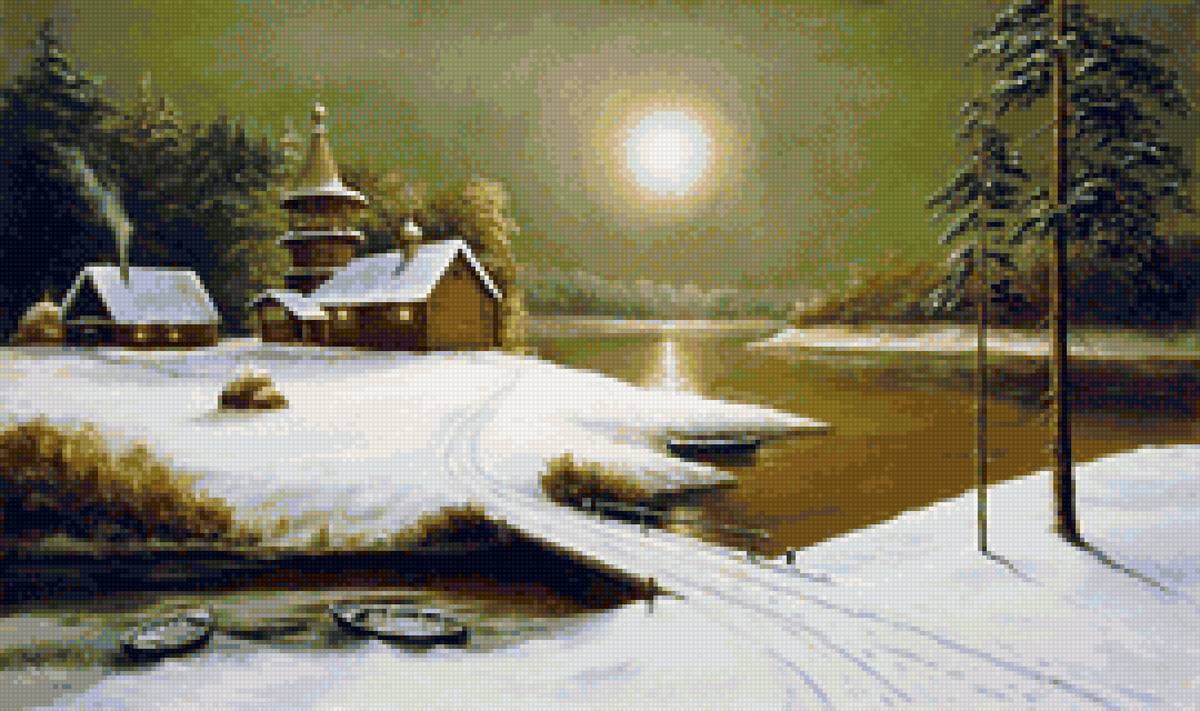 Худ. Олег Самбуров. - ночь, река, пейзаж зима, деревня - предпросмотр