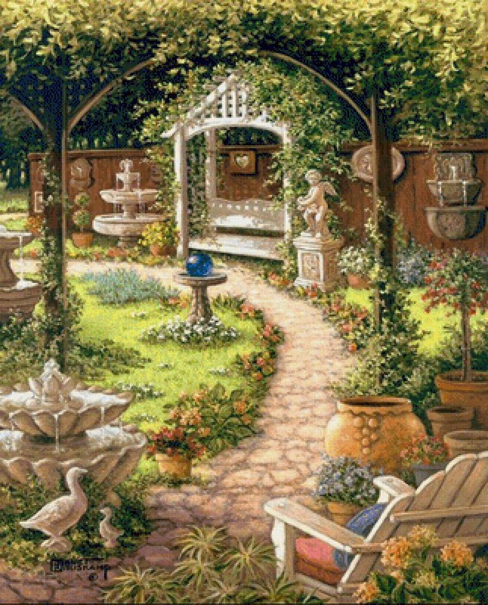 Дворик - деревья, двор, зелень, фонтан, природа, дворик, статуи - предпросмотр