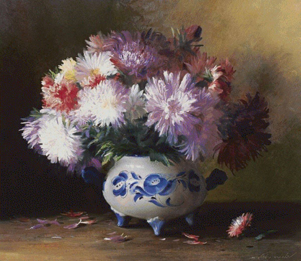 Натюрморт - живопись, астры, букет, натюрморт, ваза, цветы - предпросмотр