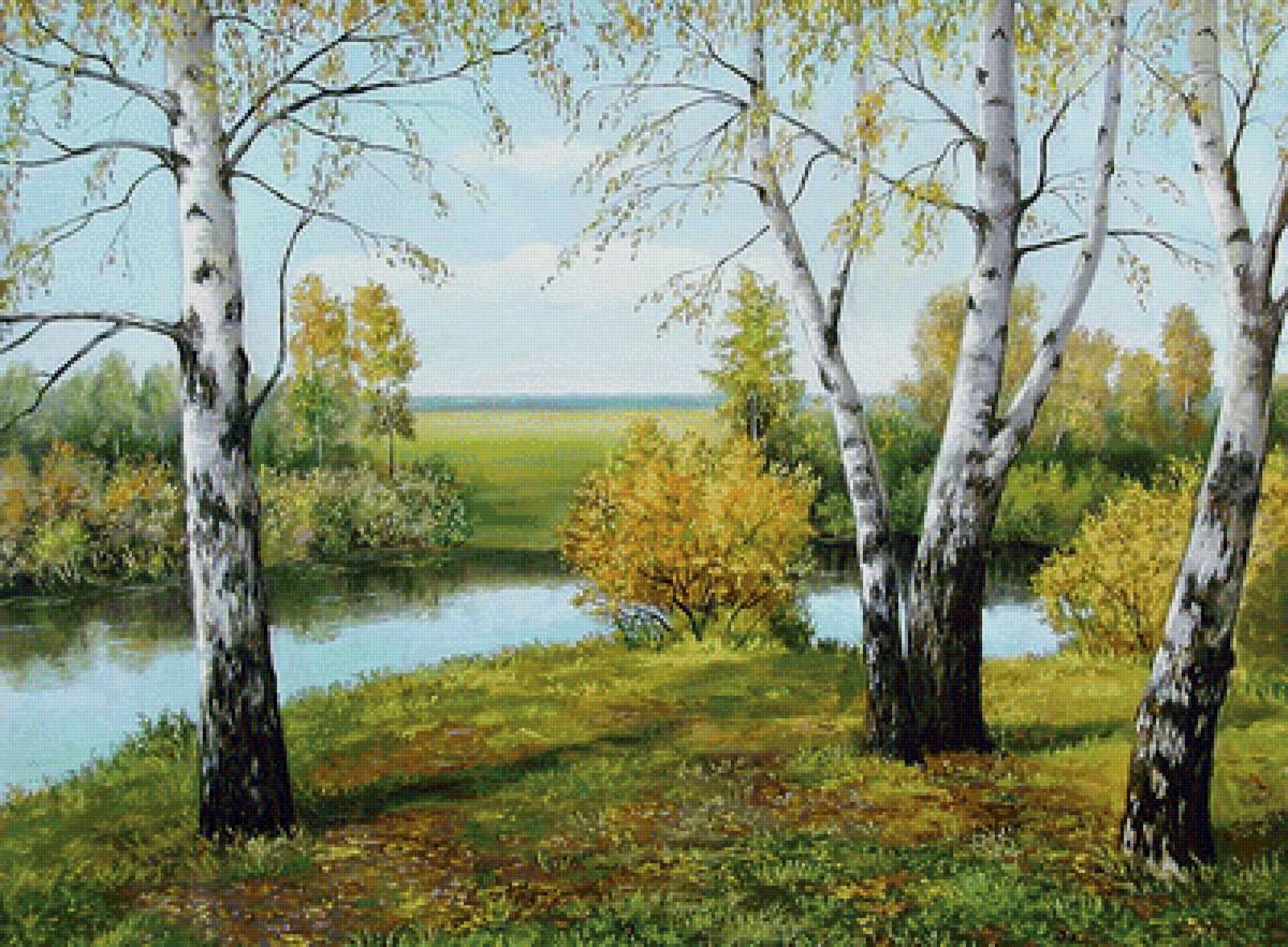 Пейзаж - река, поле, березы - предпросмотр