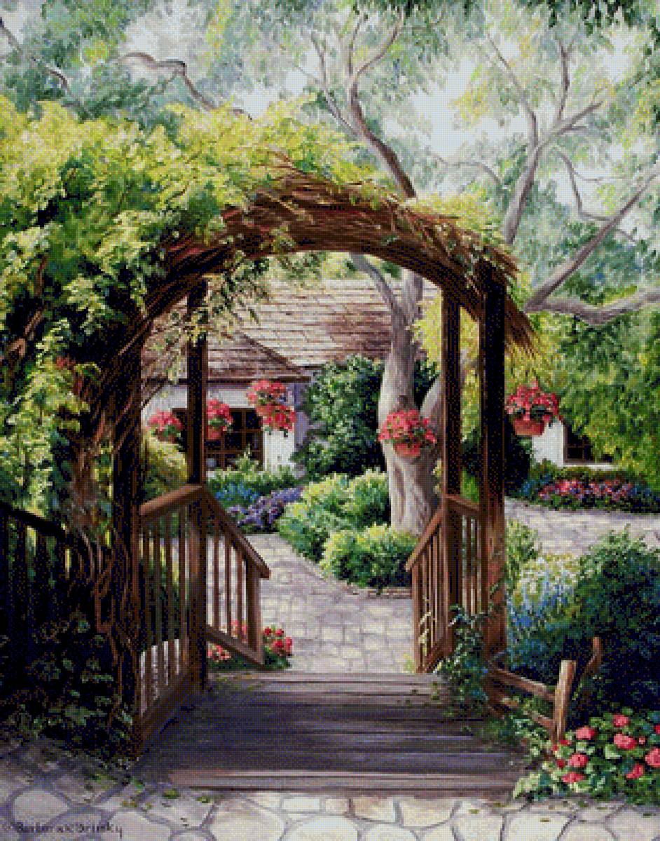 Уютный дворик - зелень, дворик, цветы, дом, двор - предпросмотр