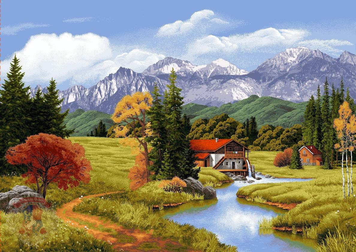 Мельница в горной долине - природа, мельница, горы, домик, деревья - оригинал