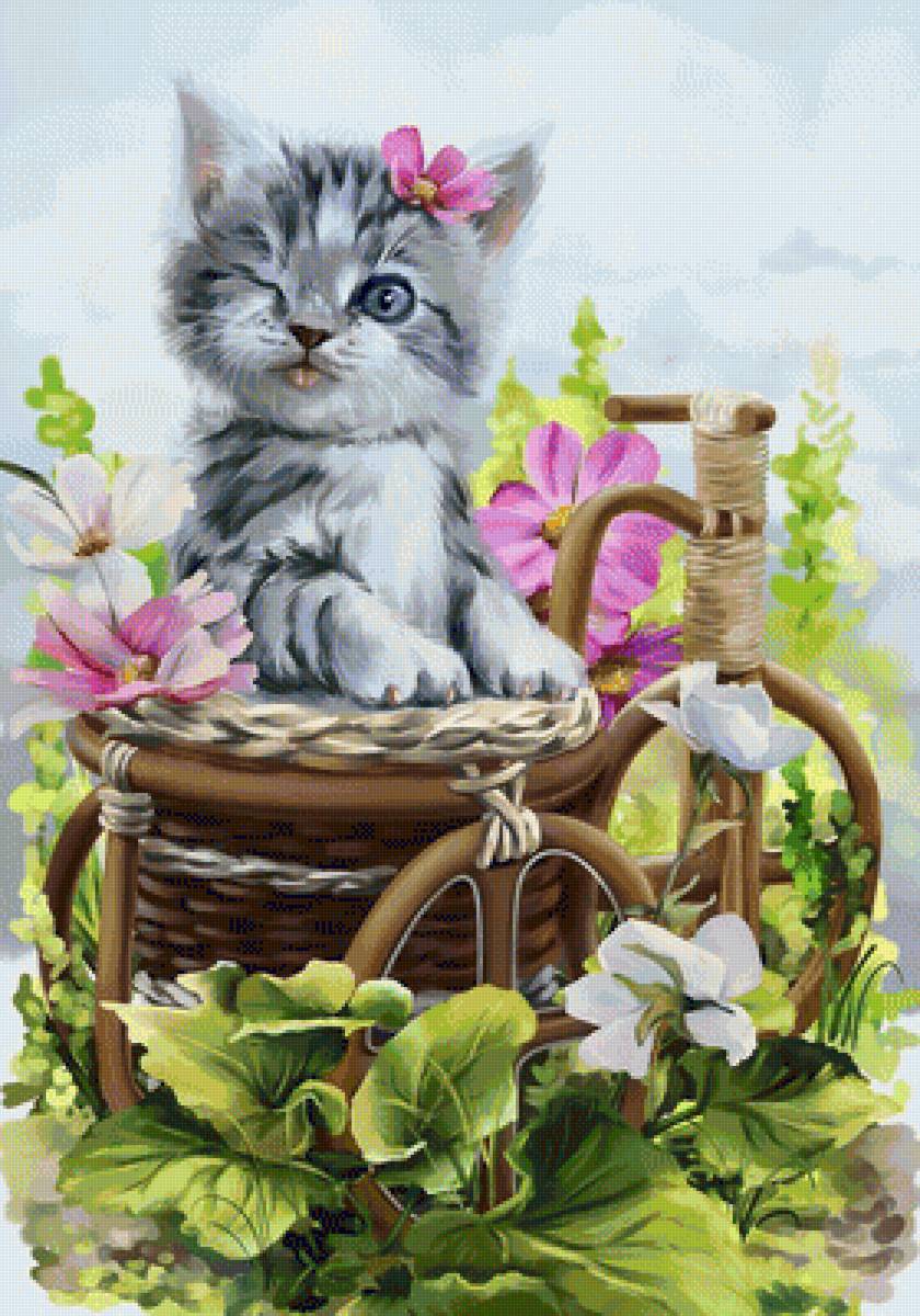 Летнее настроение - котик, кот, котенок, животные, цветы, лето, рисунок - предпросмотр