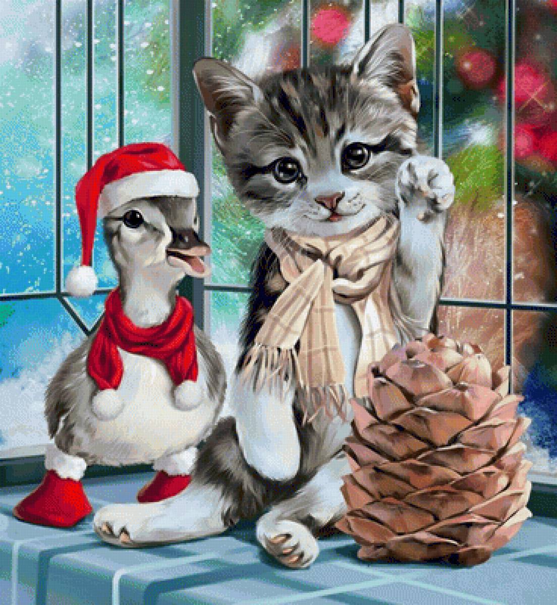 Котёнок - кот, животные, рисунок, котик, гусенок, зима, котенок - предпросмотр