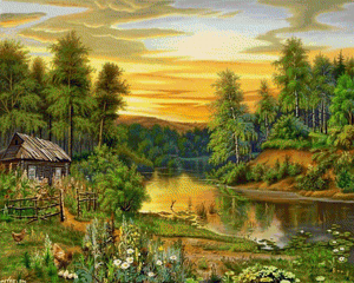 домик у озера - озеро лес домик цветы пейзаж красота - предпросмотр