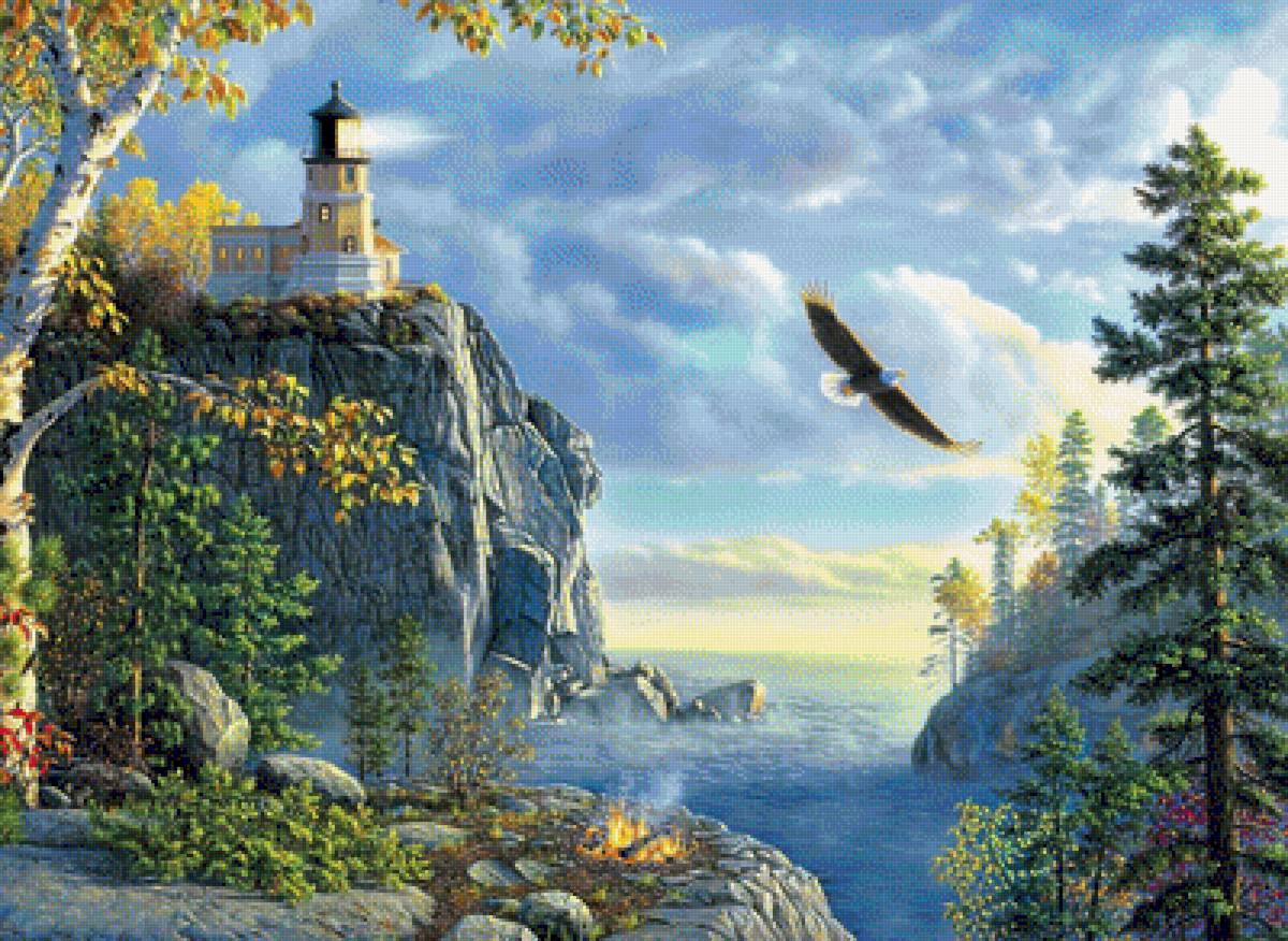 Полёт - скала, орел, море, маяк, пейзаж, природа, картина, птица - предпросмотр