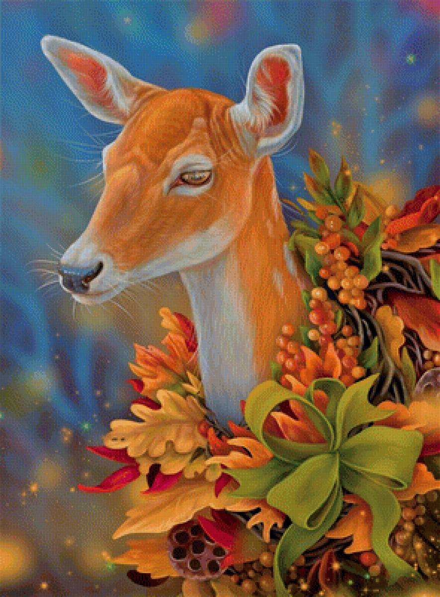 Олень - осень, природа, рисунок, олень, животные, листья - предпросмотр