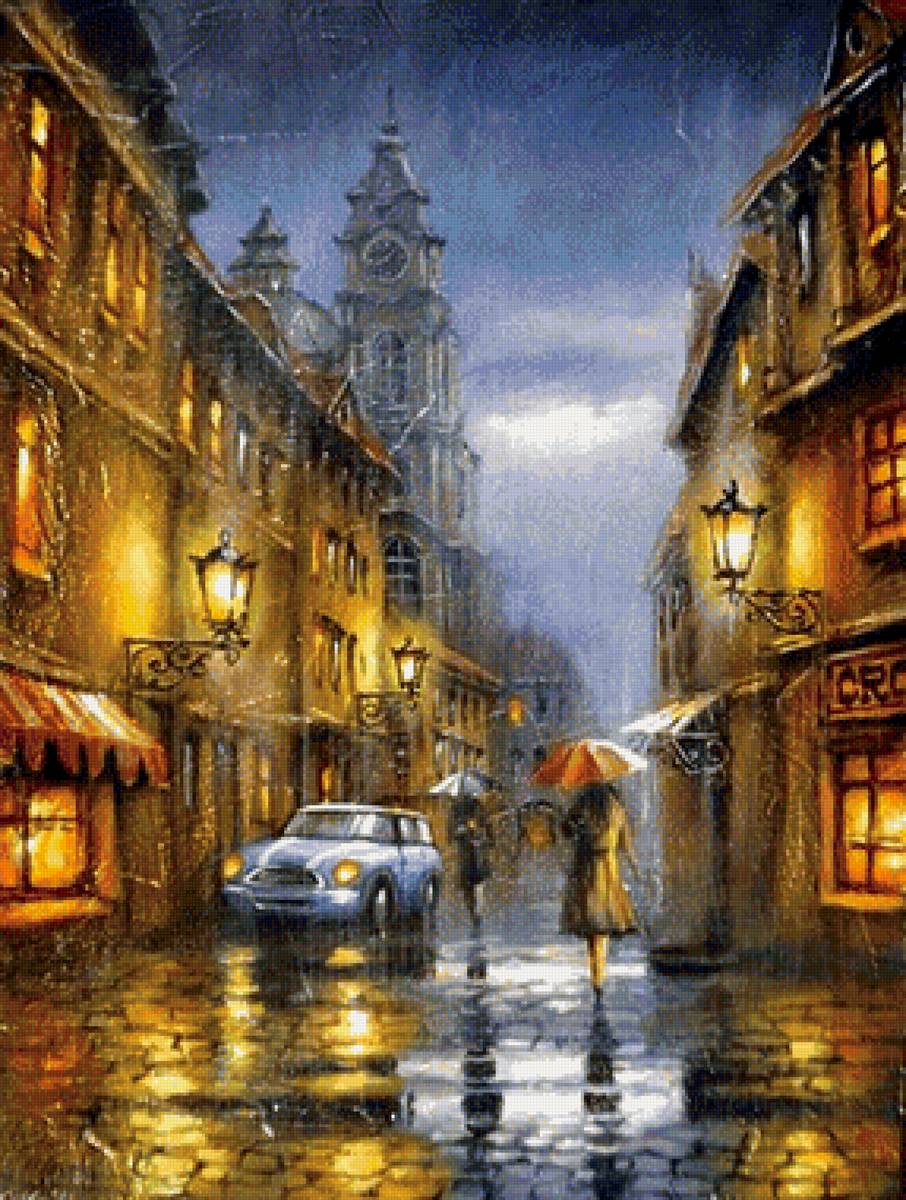 Дождливым вечером. По картине Дмитрия Ленкова - город, девушка, улица, вечер, дождь, автомобиль, зонтик - предпросмотр