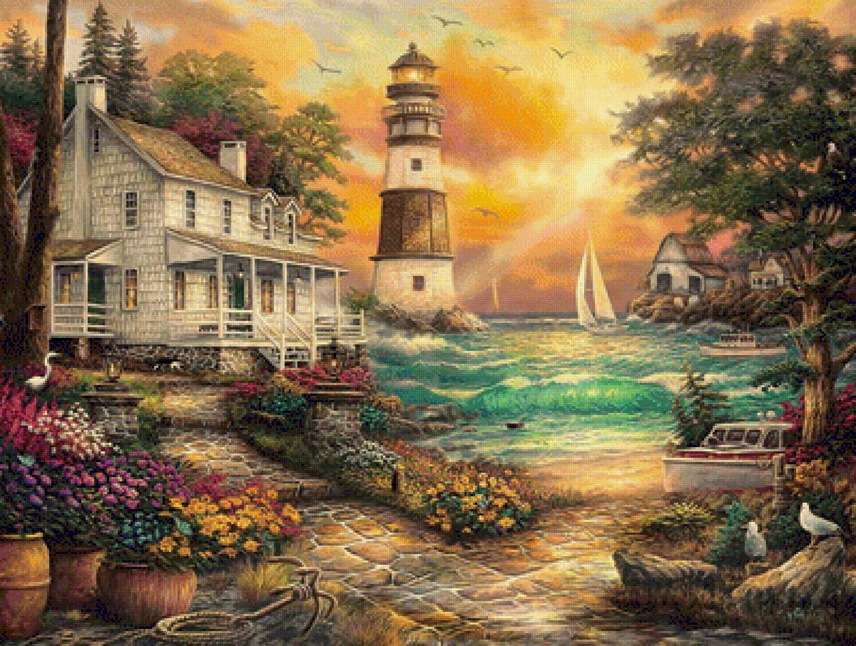 Маяк - картина, дом, море, природа, маяк, цветы, пейзаж - предпросмотр
