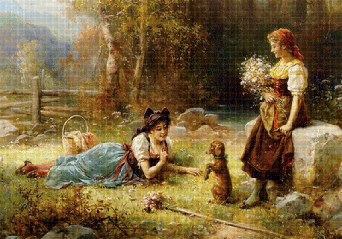 Подружки - девочки, собачка, прогулка - предпросмотр