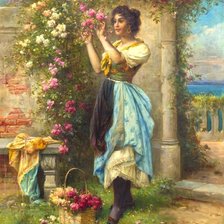 Девушка срезающая розы
